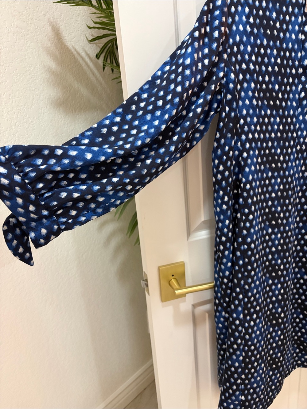 Chico's Navy and White Floral Tie-Sleeve Long Sleeve Dress - Picture 7 of 8